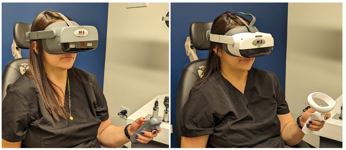 The M&S Smart System VR Headset during live testing. The latest version of the device is on the right.