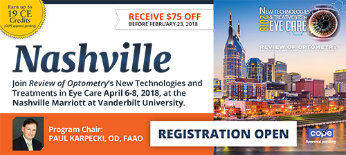Review of Optometry's New Technologies and Treatments in Eye Care in Nashville, April 6-8, 2018, at the Nashville Marriott at Vanderbilt University