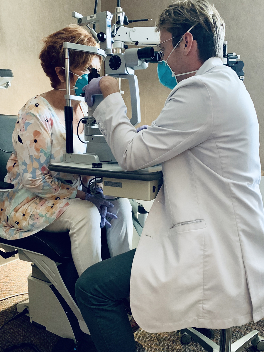 Dr. Vollmer uses an N-95 mask and gloves when seeing patients, and he offers similar protective measures to his patients when they enter the office. 