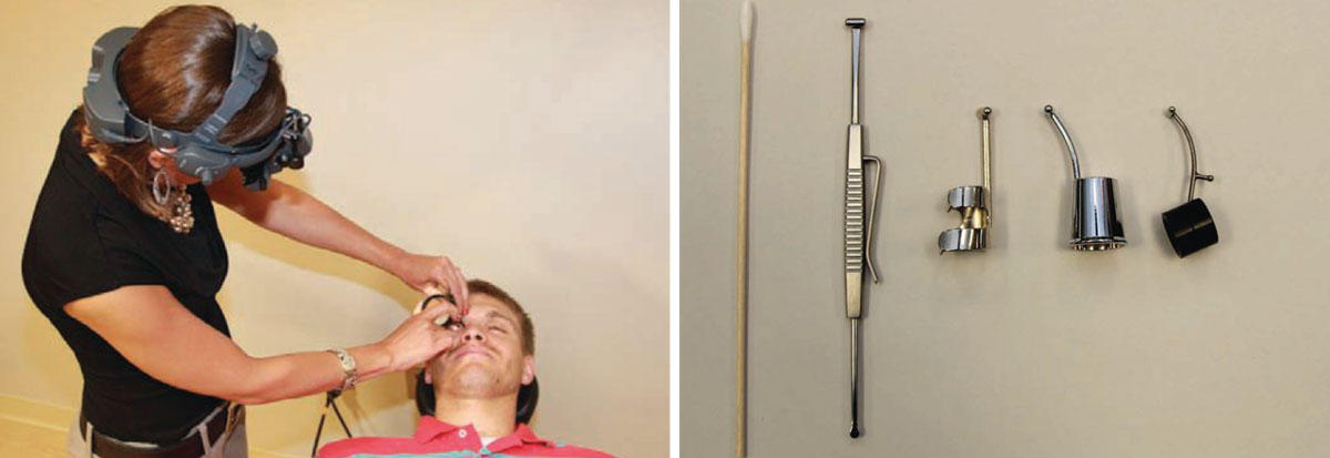 When examining the patient in the supine position, at left, scleral depression indents the retinal periphery to bring it into better view with BIO. There are many types of scleral depressors available, at right, including a cotton-tip applicator, flat double-ended and multiple thimble designs. Photos: Amy Dinardo, OD, MBA, and Philip Walling, OD.