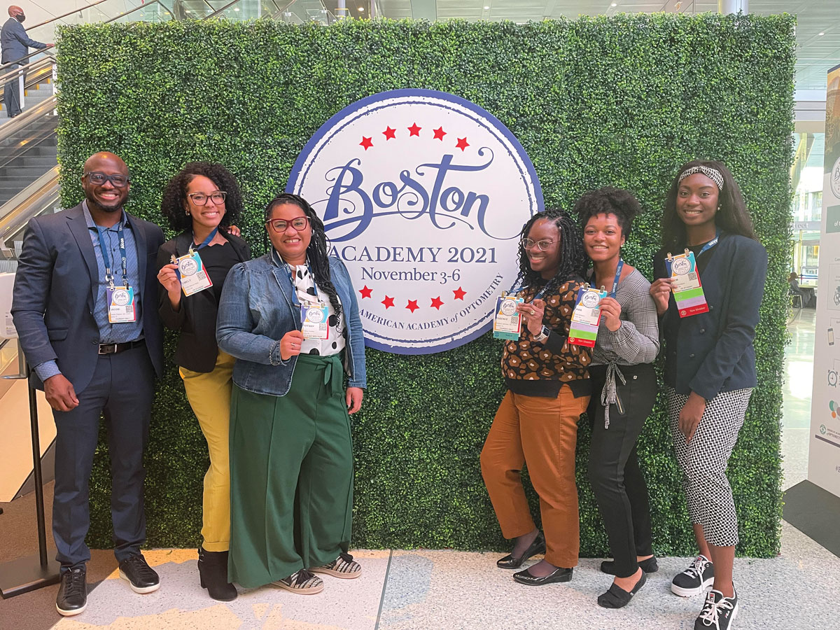 From left to right: Jacobi Cleaver, OD, director of program management, BEP; Emely Miniño Soto; Tiffany Humes, OD; Essence Johnson, OD, chief visionary officer, BEP; Avia Dolberry and Ijem Ozodigwe. Phographed at the 2021 American Academy of Optometry meeting.