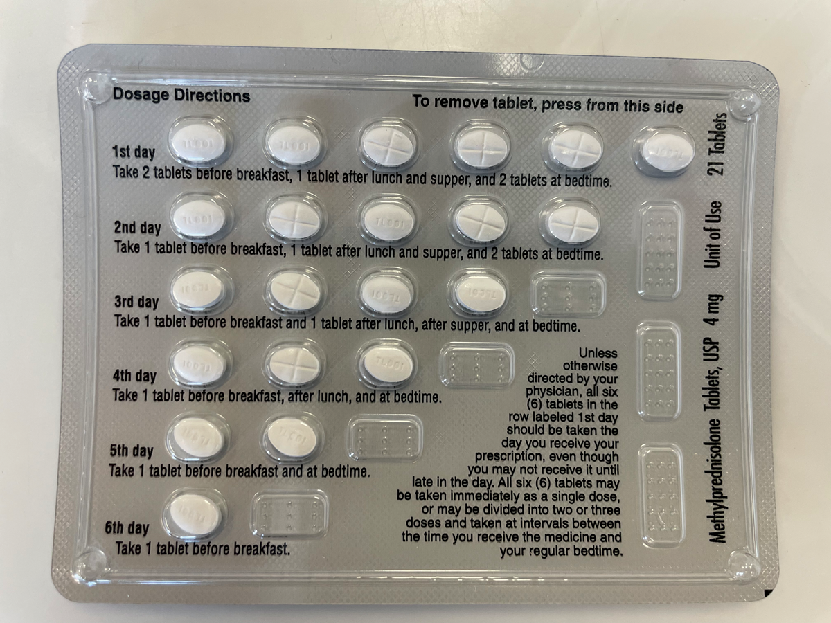 A methylprednisolone 4mg dose pack with incorporated dosage directions, which can be prescribed to help reduce risk of adrenal insufficiency in patients tapering off steroids.