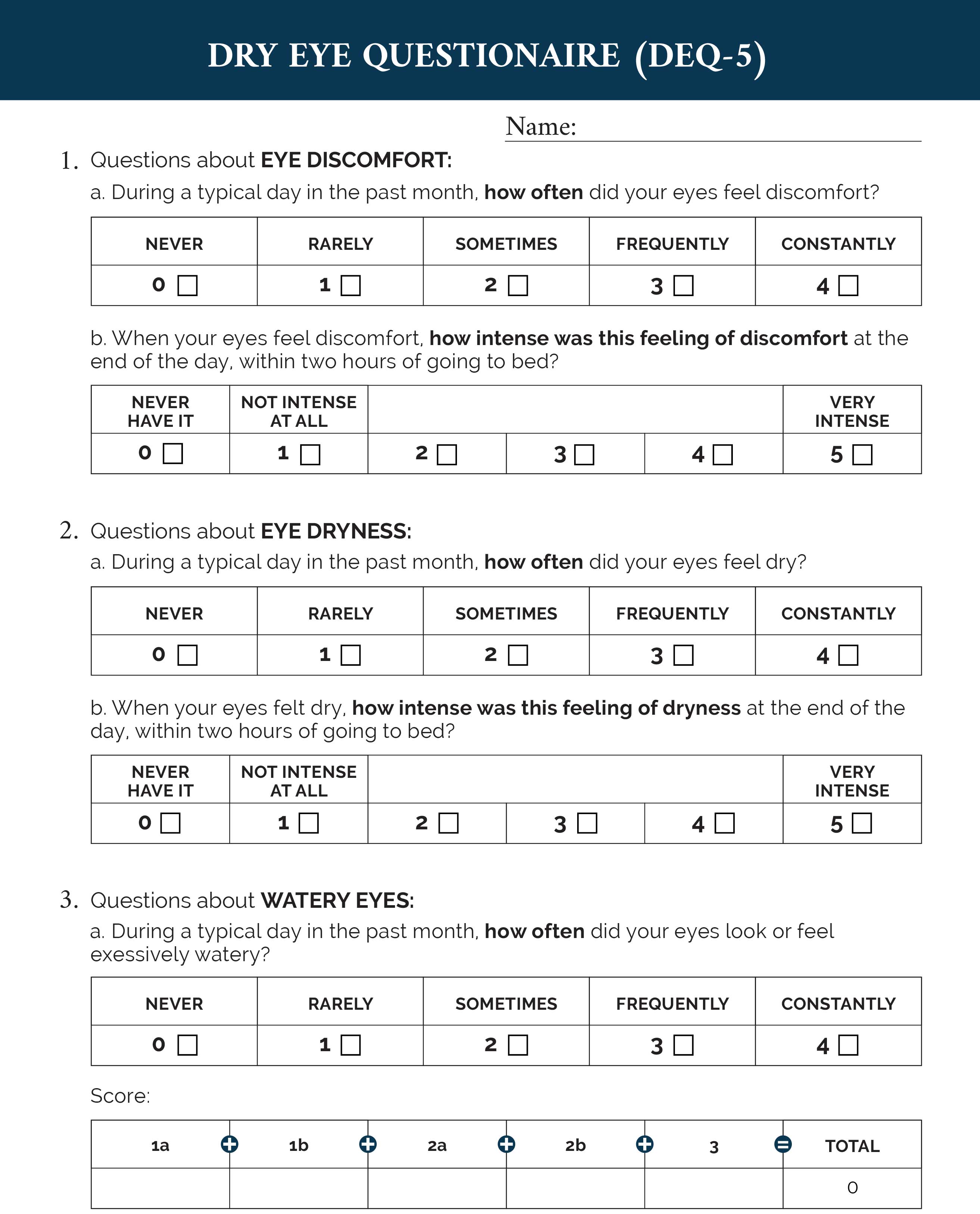 The DEQ-5 Questionnaire is a shorter version of the DEQ, which has long been used as a valid measurement of dry eye symptom frequency and severity.