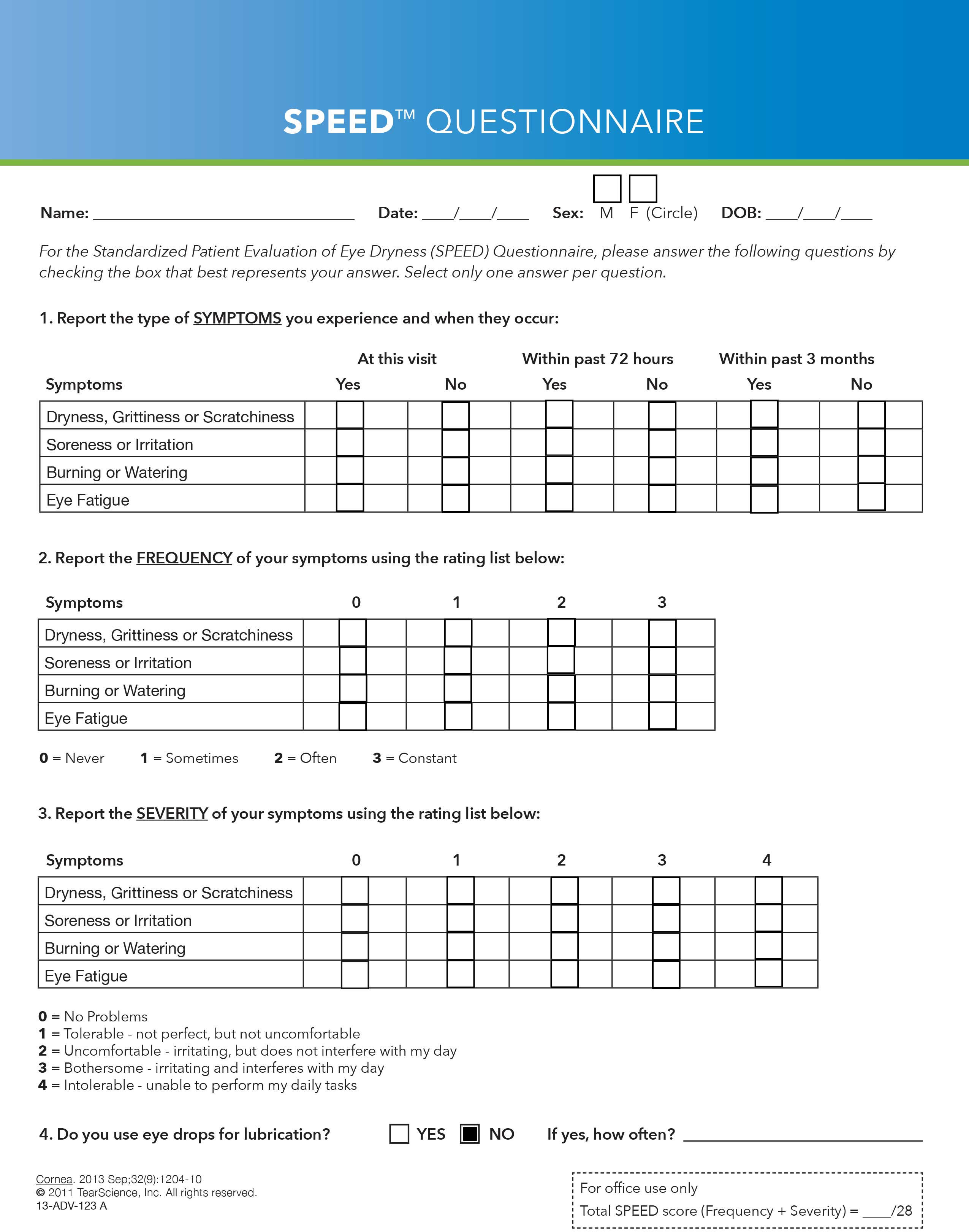 The SPEED Questionnaire, consisting of four sections, is among the most common surveys used in practice today to assess dry eye.