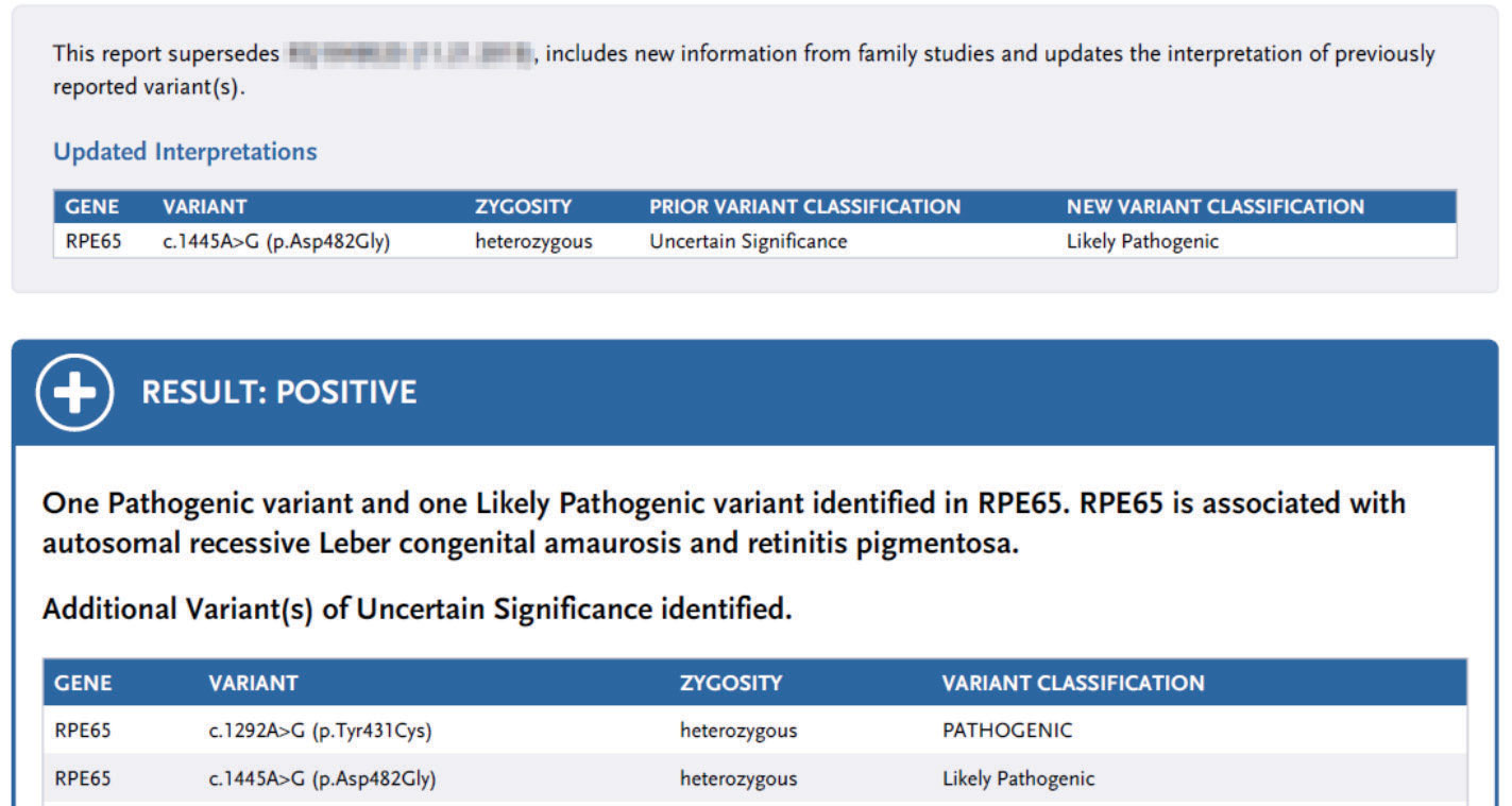 Updated genetic test report for a patient identified with biallelic RPE65-associated RP. One variant was later classified as a variant of uncertain significance in the initial report; it was reclassified to likely pathogenic. This genetic test result helped qualify the patient for Luxturna gene therapy.