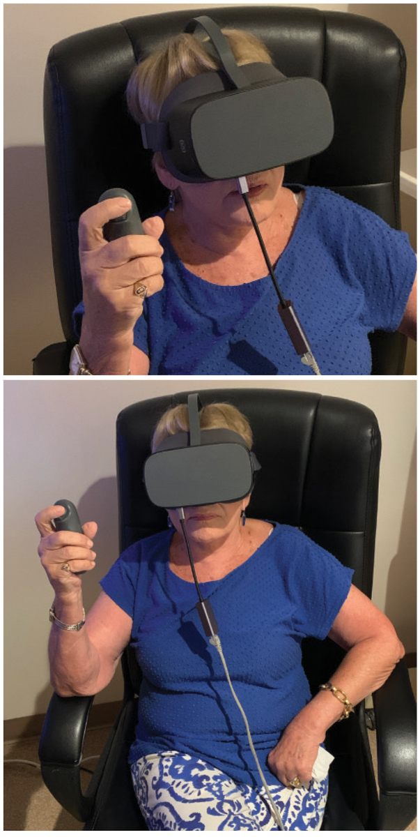 This VF headset and remote allows patients to not hunch forward, as in a traditional SAP device. They are free to move their head and neck, sit back in a chair and enjoy being more comfortable.