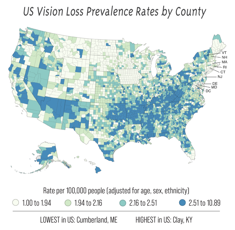 Available on the CDC's website is an interactive map displaying crude and adjusted visual impairment prevalence rates reported in each county across the US. To see how your county stacks up against the rest,  simply click on its spot on the map, which can be found here.
