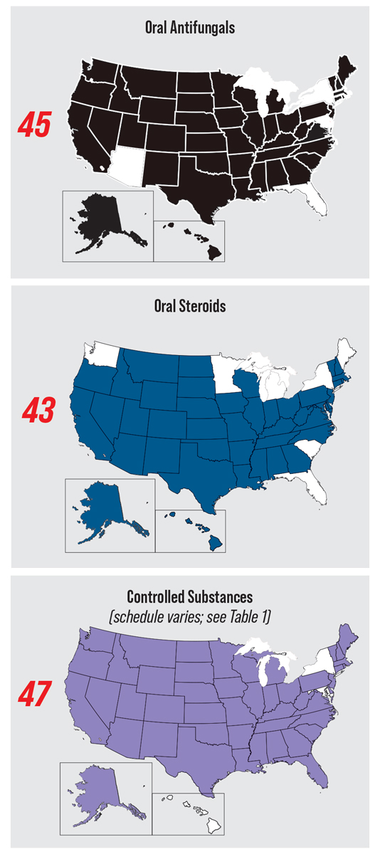 ODs across the US are approaching near-universal access to oral medications, but there’s considerable variance within the controlled substance category. For more scope maps, see the first article in this series (May 2022).