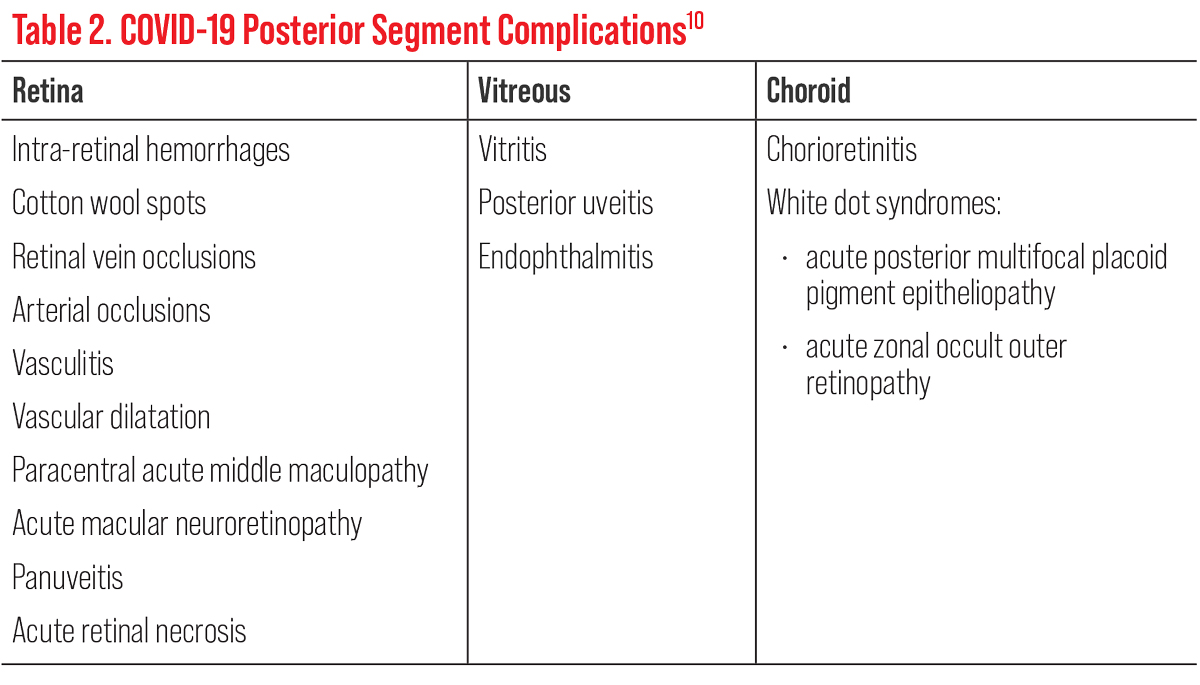 Table 2. COVID-19 Posterior Segment Complications 10