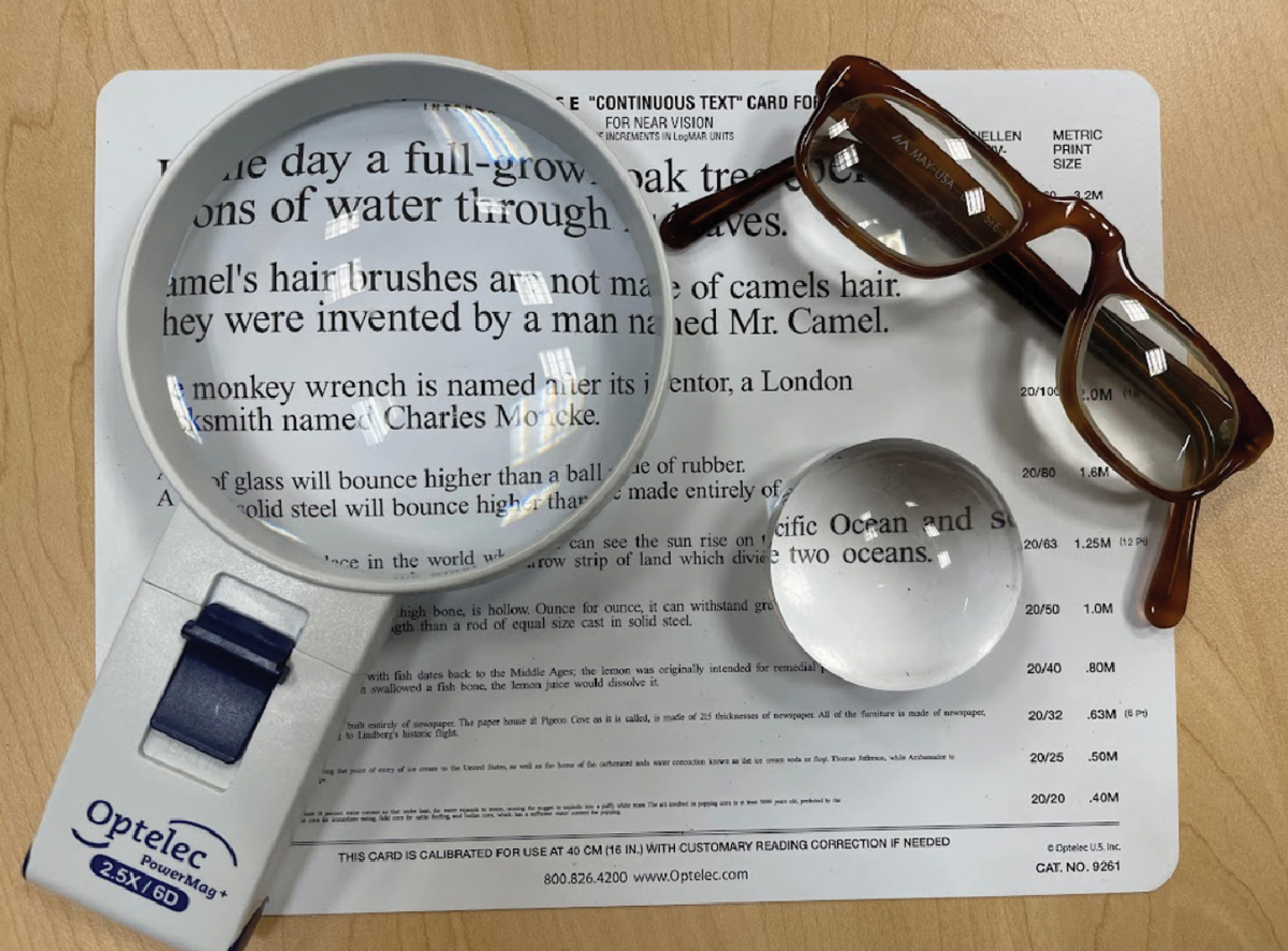 Fig. 4. An illuminated handheld magnifier (left), a dome magnifier—a type of stand magnifier (middle)—and a pair of prism half eye glasses.