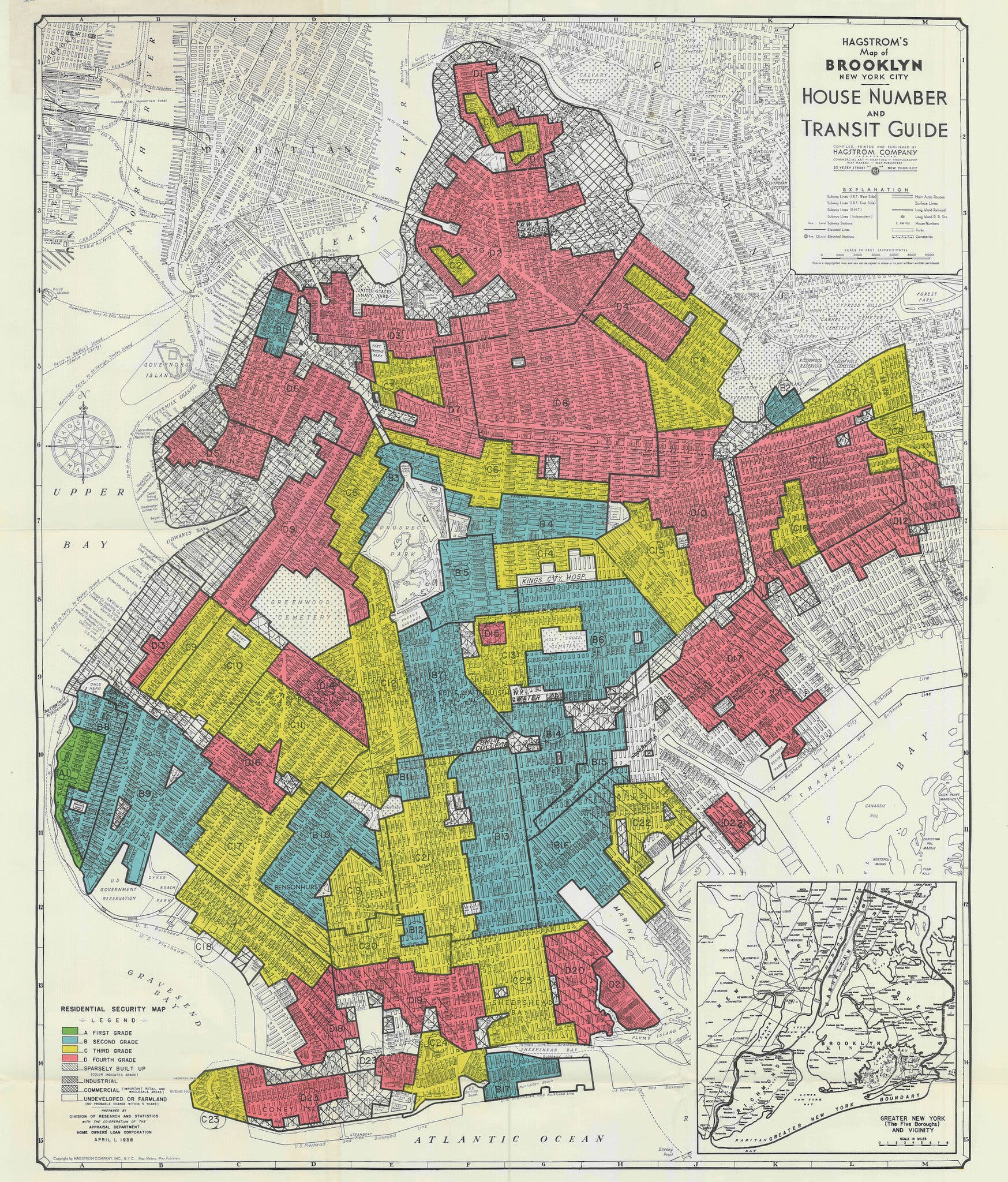 This 1938 map of Brooklyn shows areas marked off in red being rated at the lowest level of suitability for mortgage loans by the federal Home Owners Loan Corp.; the ensuing neglect of such neighborhoods perpetuated decline in many measures of quality of life. Today, such areas are associated with higher proportions of people living with visual impairment and blindness.