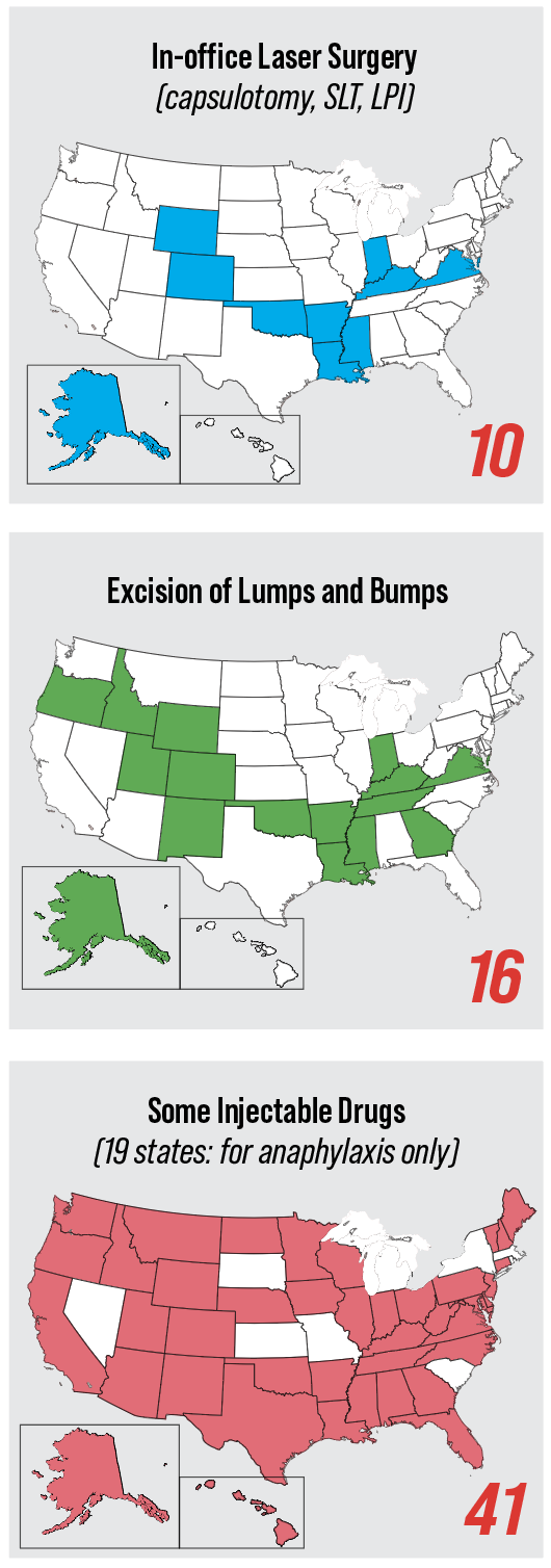 The maps above display the states where laser surgery, lesion excision and injections are currently part of the optometric scope of practice. Colorado and Virginia are the two newest additions to the laser and lesion maps, having won those rights in 2022.
