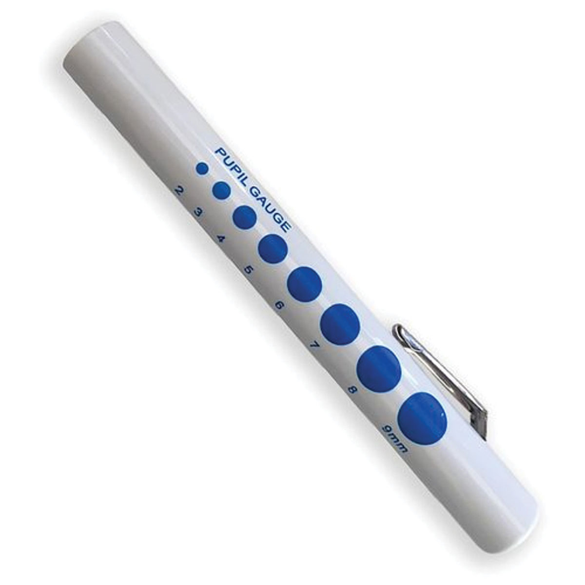 Fig. 10. A pupil gauge can help you quickly and more accurately measure pupil size. I keep a small laminated paper handy, but this one is printed directly on a penlight for convenience. Check and measure pupils very carefully in both bright and dim illumination.