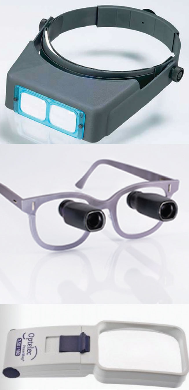 Top: Optivisor with light for intermediate tasks. Middle: Spectacle-mounted telescope for distance enhancement. Bottom: Optelec illuminated handheld magnifier for spot reading.